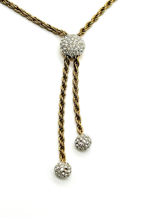 Vintage Gold Tone Rhinestone Bolo Necklace Twisted Rope Chain Adjustable Tassel