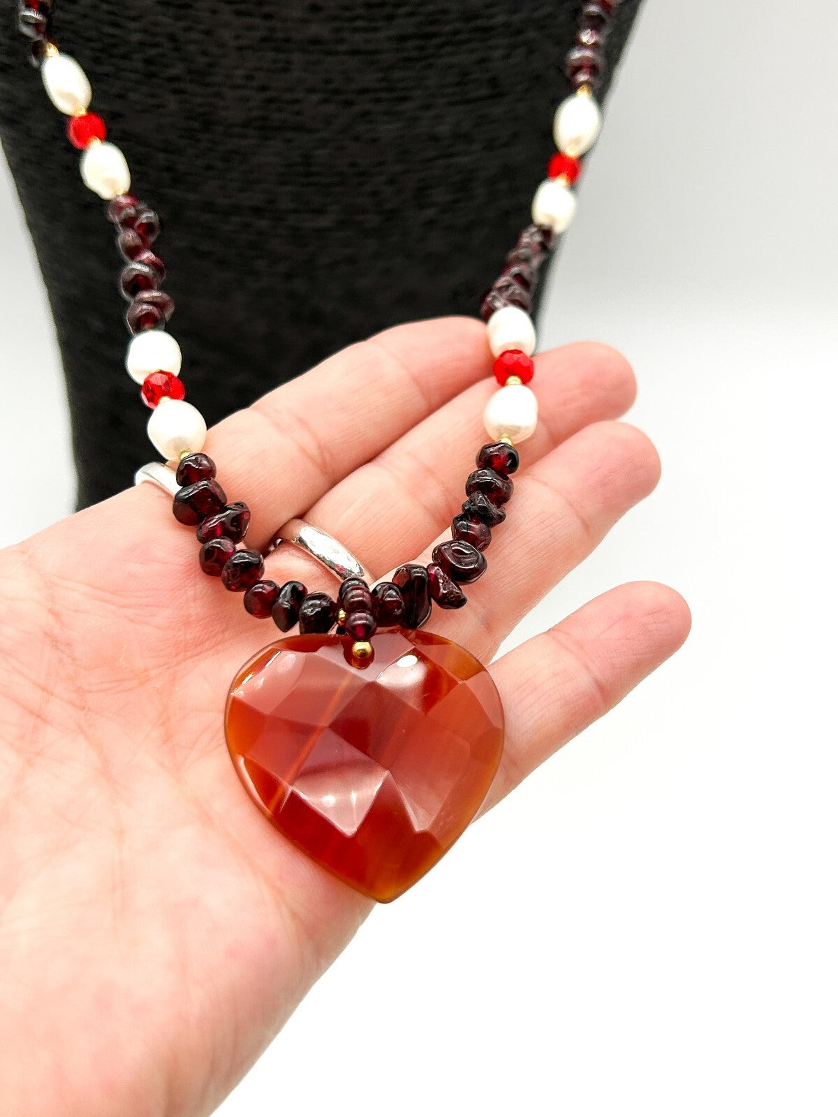 Long Garnet Necklace Freshwater Pearls Carnelian Heart Pendant Gemstone