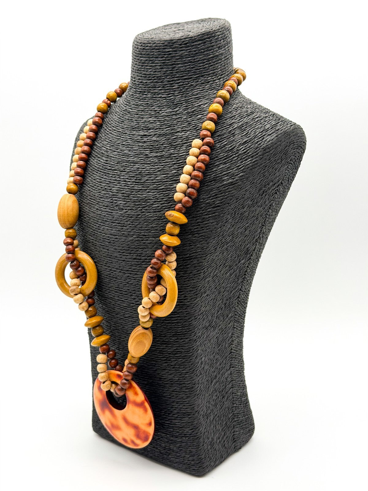 Boho Wood & Resin Statement Necklace Large Disc Pendant Natural Wooden Beads