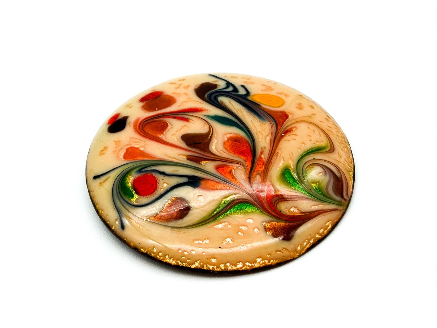 Vintage Enamel Ceramic Brooch Abstract Floral Swirl Round Statement Pin