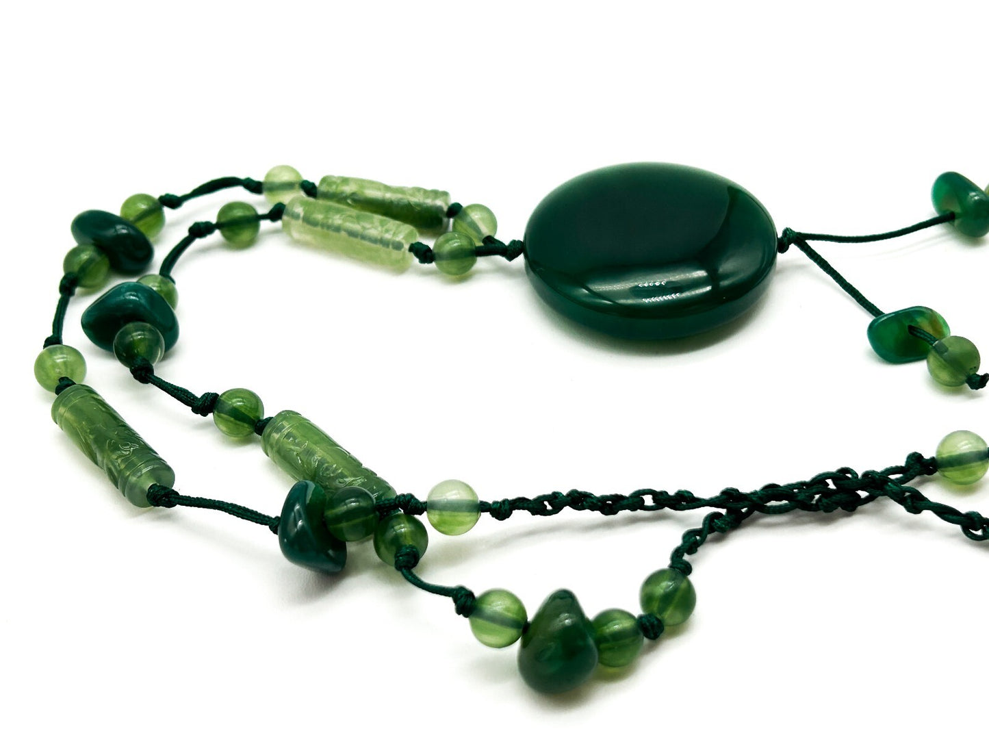 Vintage Green Aventurine Necklace Macrame Disc Pendant Boho Gemstone Tassel