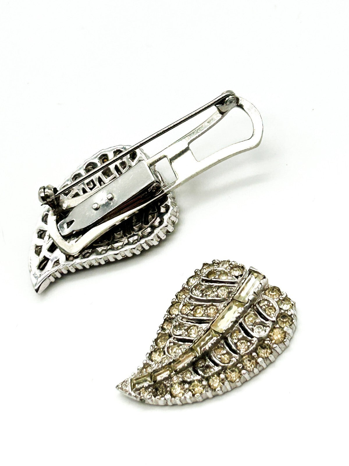 Vintage Rhinestone Duette Dress Clips Brooch Art Deco Style Baguette READ