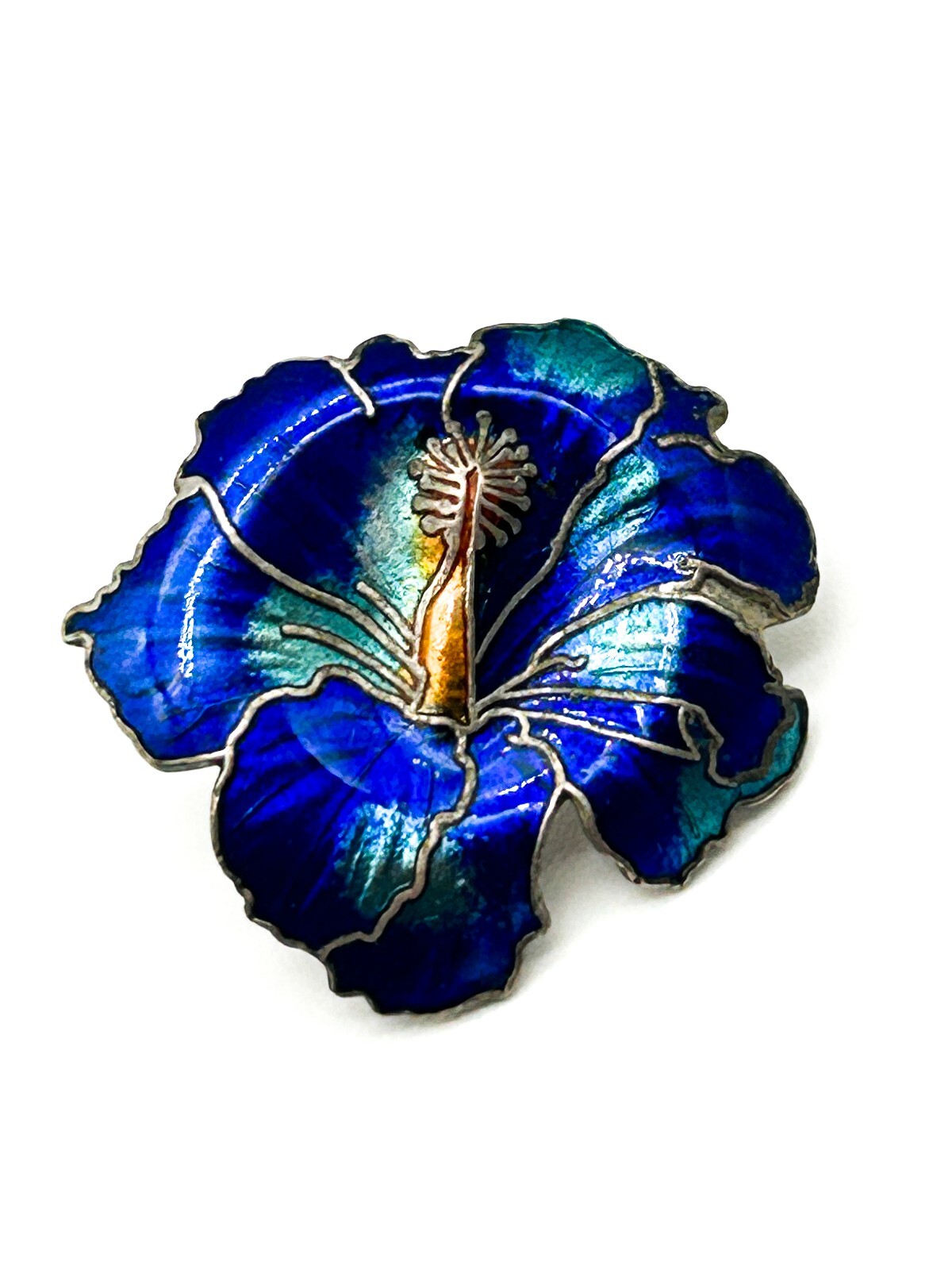 Vintage Cobalt Blue Hibiscus Cloisonné Enamel Flower Statement Stud Earrings