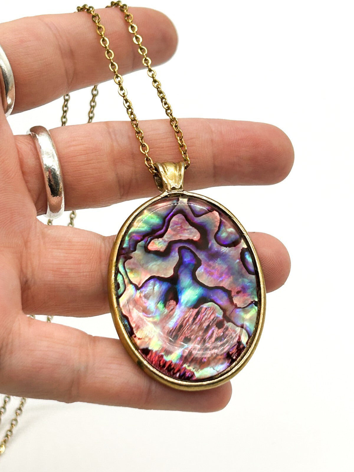 Vintage Abalone Paua Shell Pendant Necklace Gold Tone Oval Iridescent 17.5”