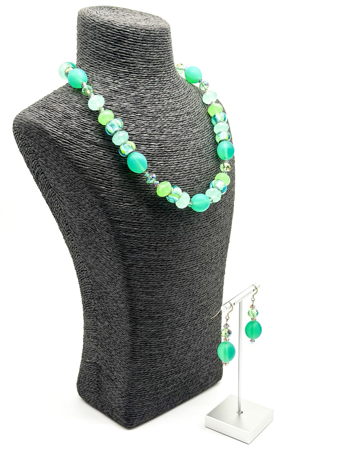 Frosted Green Glass Necklace Earrings Set Lampwork Beads Toggle Clasp Statement