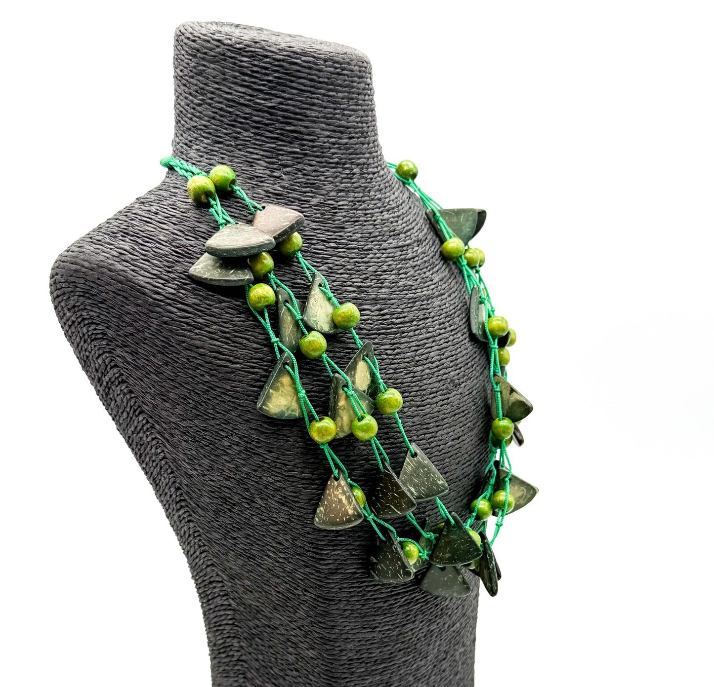Boho Green Coconut Shell & Wood Bead Necklace Hand Knotted Statement