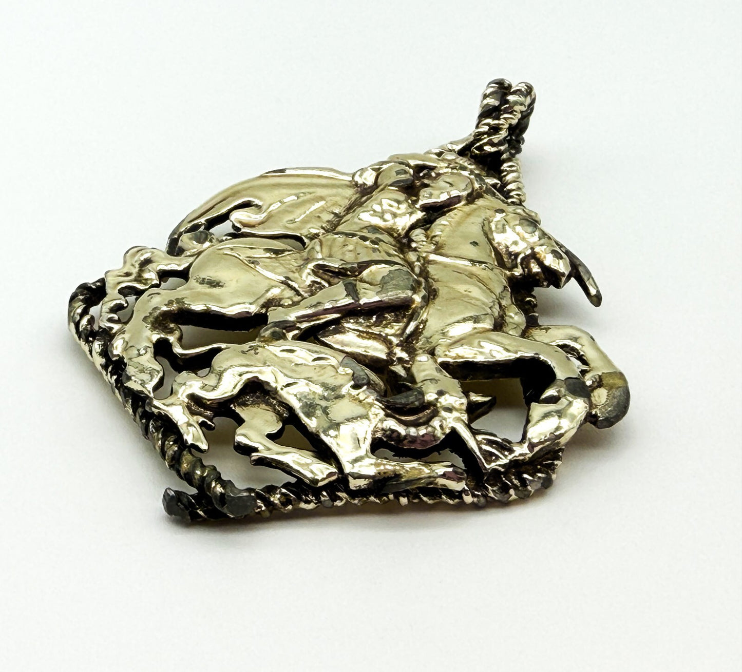 Vintage Jewelcraft St George and Dragon Pendant Gold Tone Signed 8.5cm Signed
