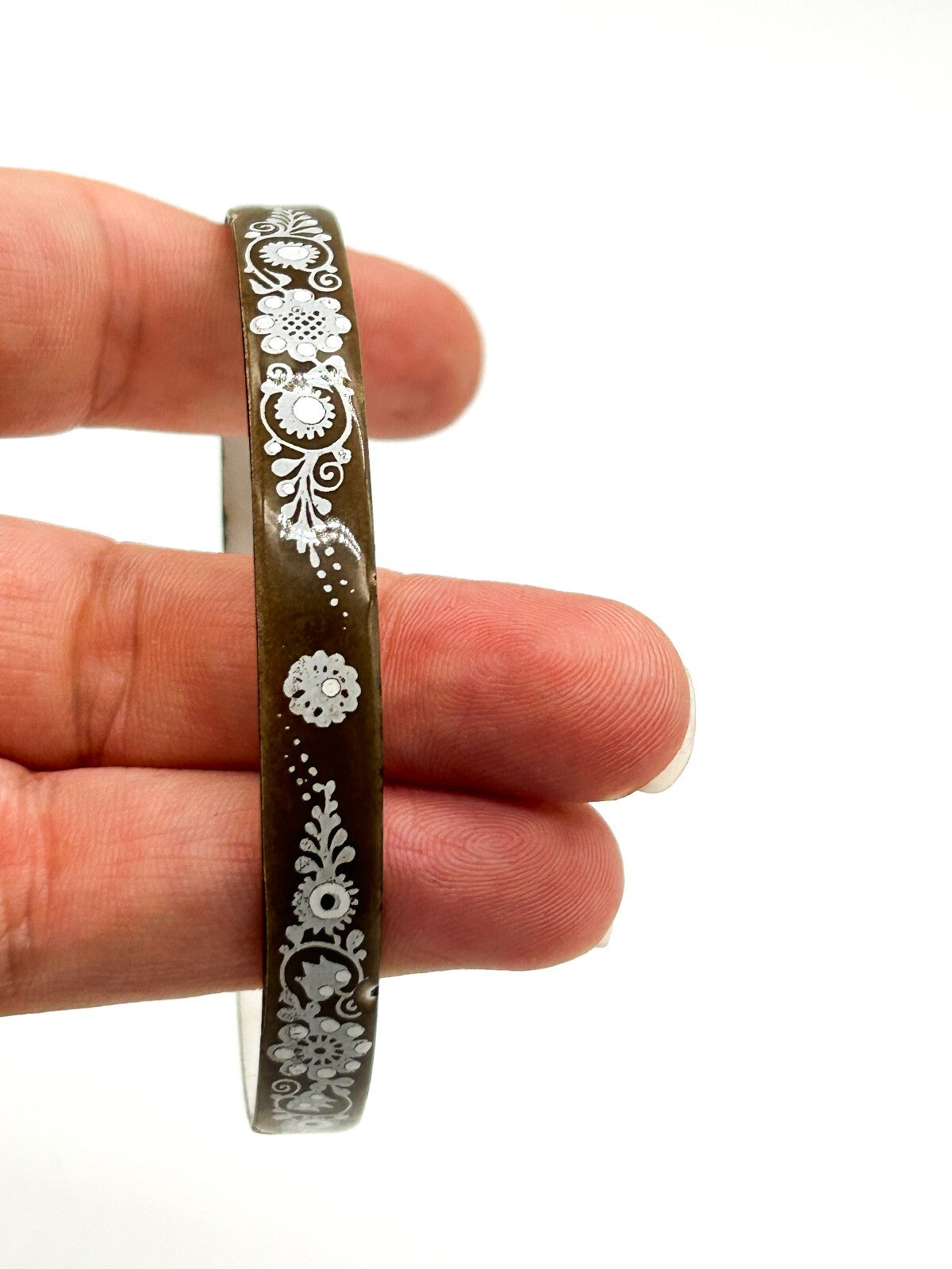 Vintage Brown Enamel Floral Bangle Attributed to Michaela Frey Austrian Style