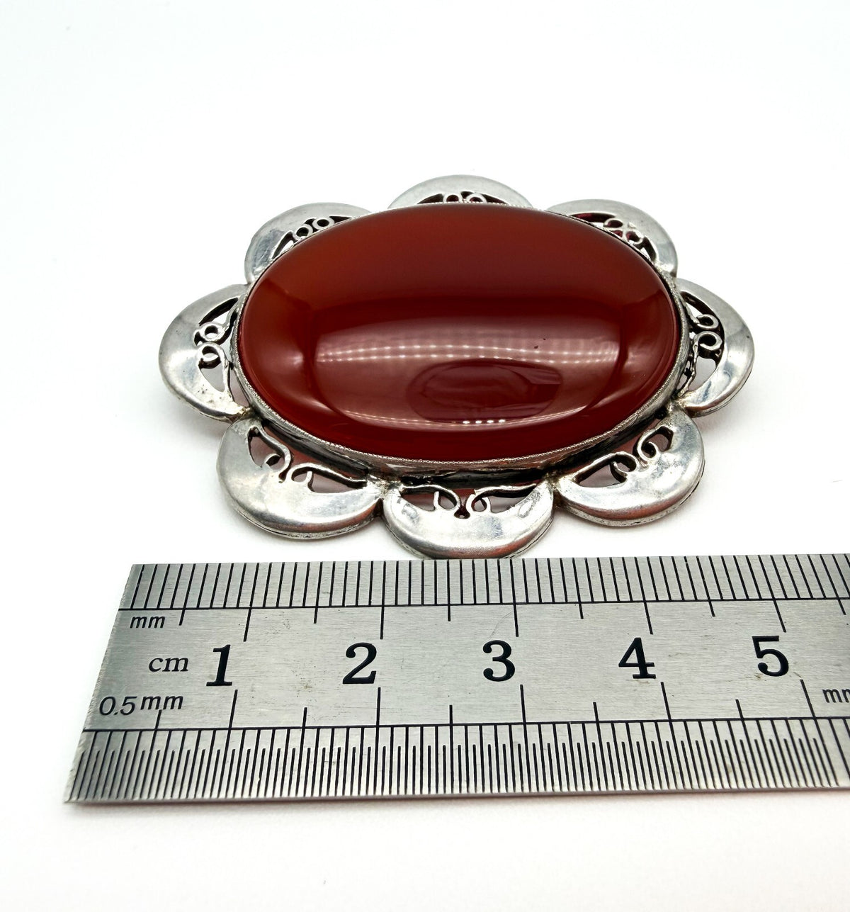 Vintage Carnelian Silver Plated Statement Brooch Oval Gemstone Scalloped Pin