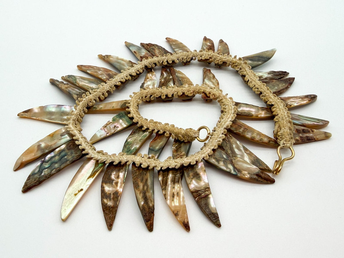 Vintage Abalone Shell Feather Spike Necklace Lace Beaded Statement 17” Boho