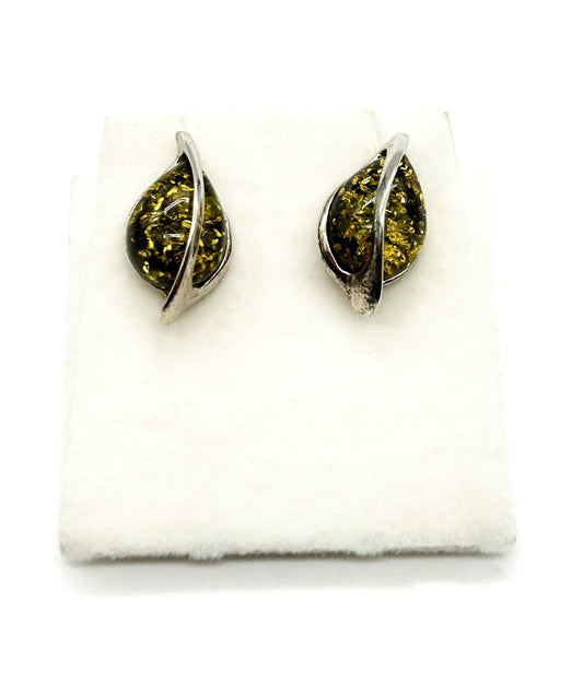 925 Sterling Silver Genuine Green Baltic Amber Leaf Stud Earrings Tested