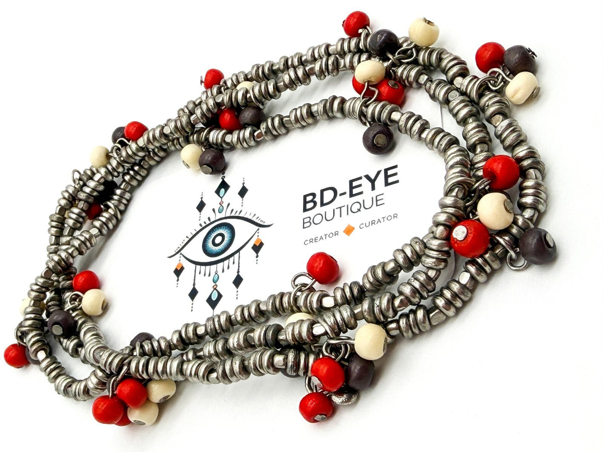 Long Silver Tone Spacer Bead Necklace Red Wood Beads Boho 36” Strand