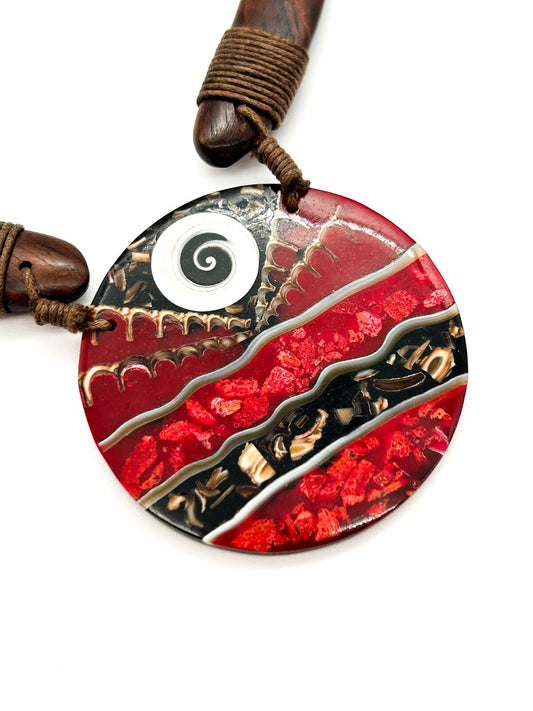 Vintage Boho Wood Collar Necklace Coral Shell Resin Disc Statement Pendant