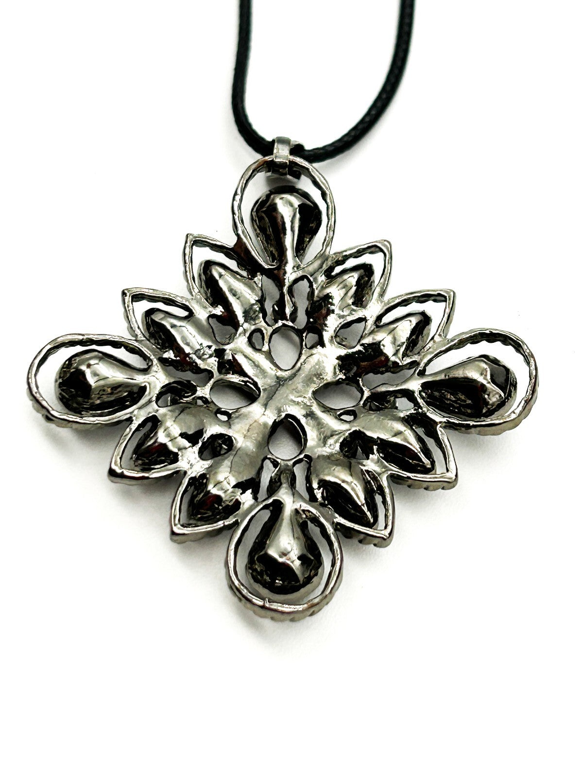 Gothic Black Clear Rhinestone Flower Pendant Necklace Gunmetal Floral Statement