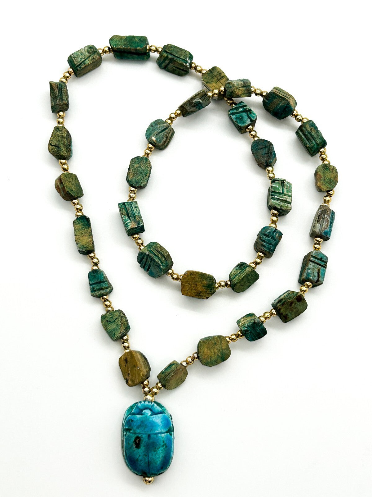 Vintage Egyptian Revival Scarab Necklace Blue Green Ceramic Beetle Pendant