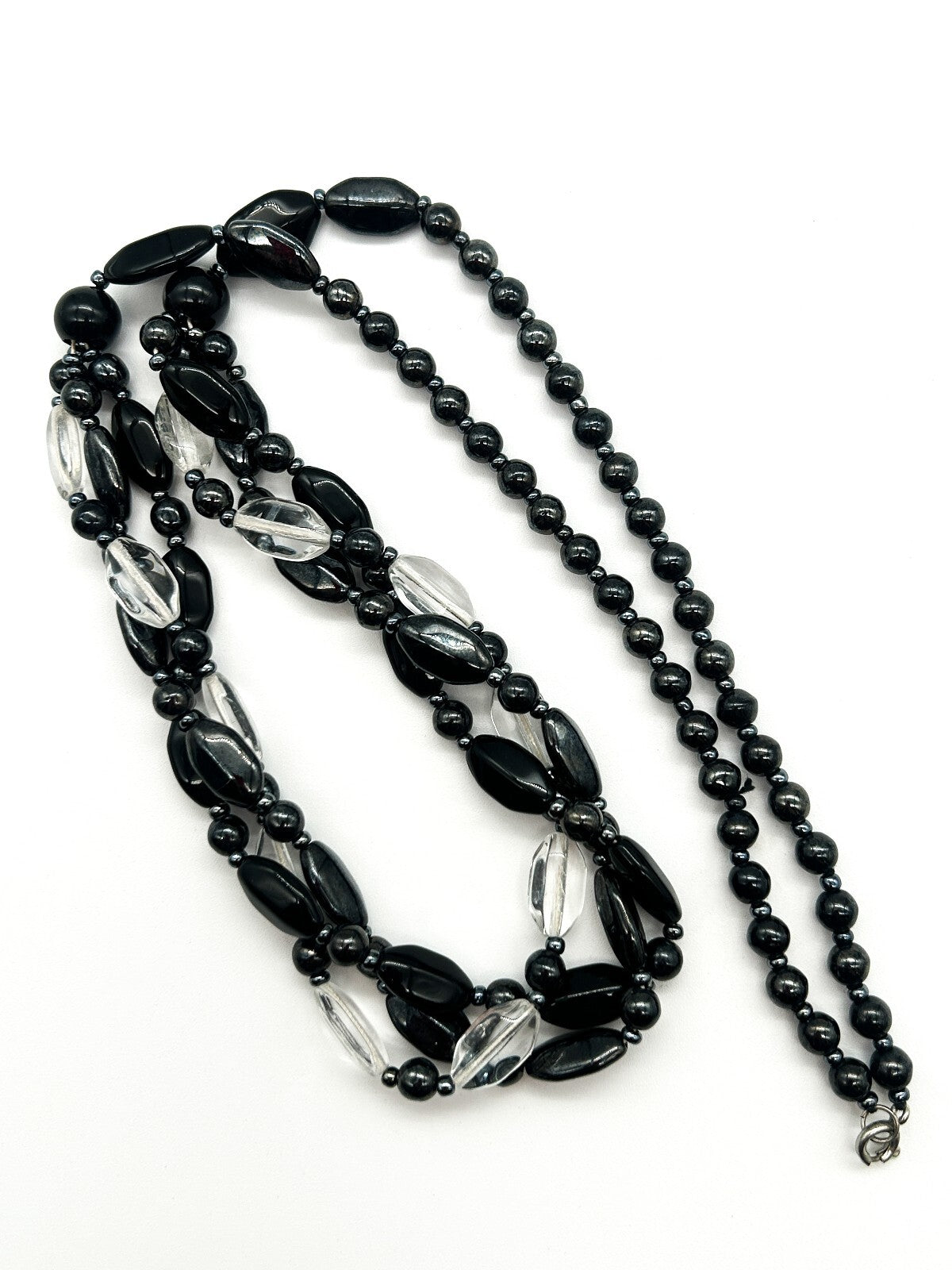 Vintage Black Clear Glass Triple Strand Twist Necklace Statement Beaded 26.5”