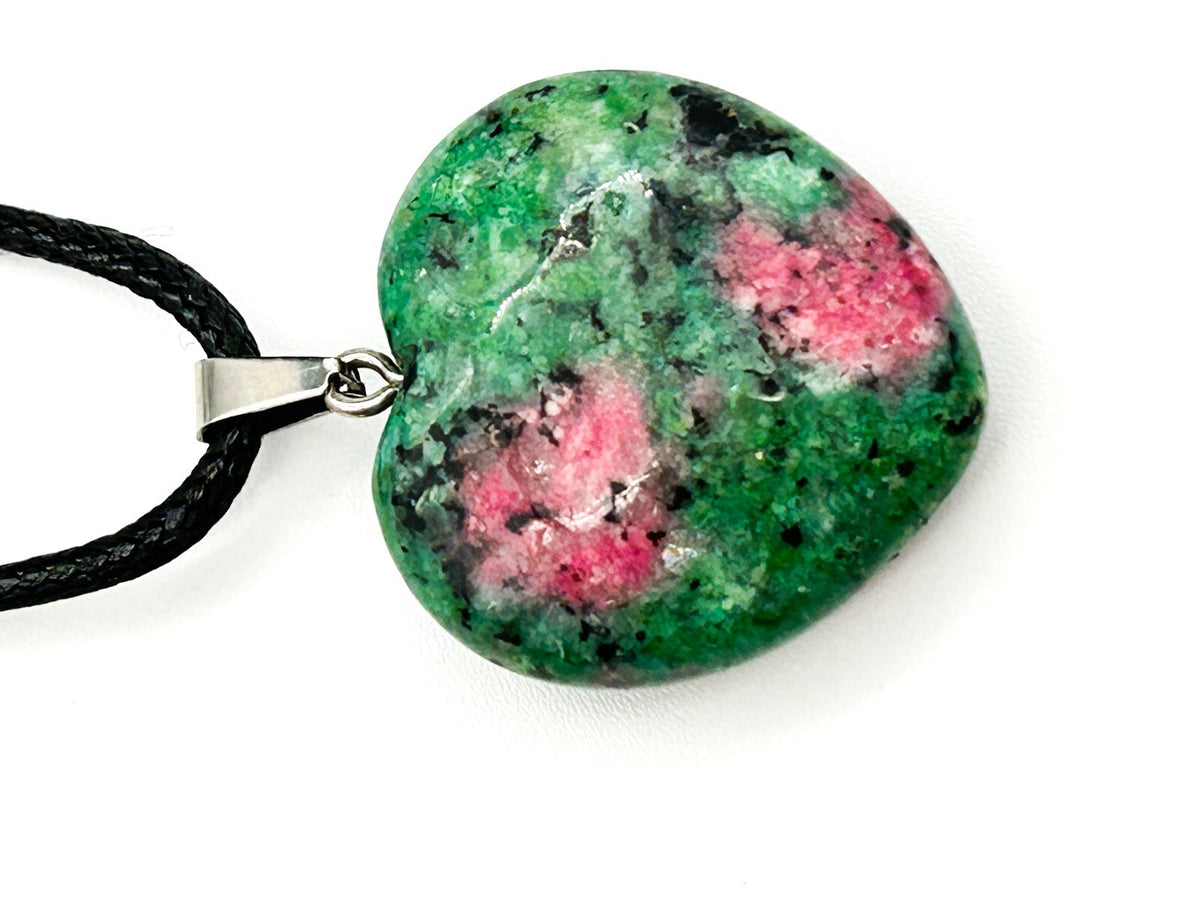 Ruby in Zoisite Heart Pendant Necklace Natural Gemstone Black Cord Necklace