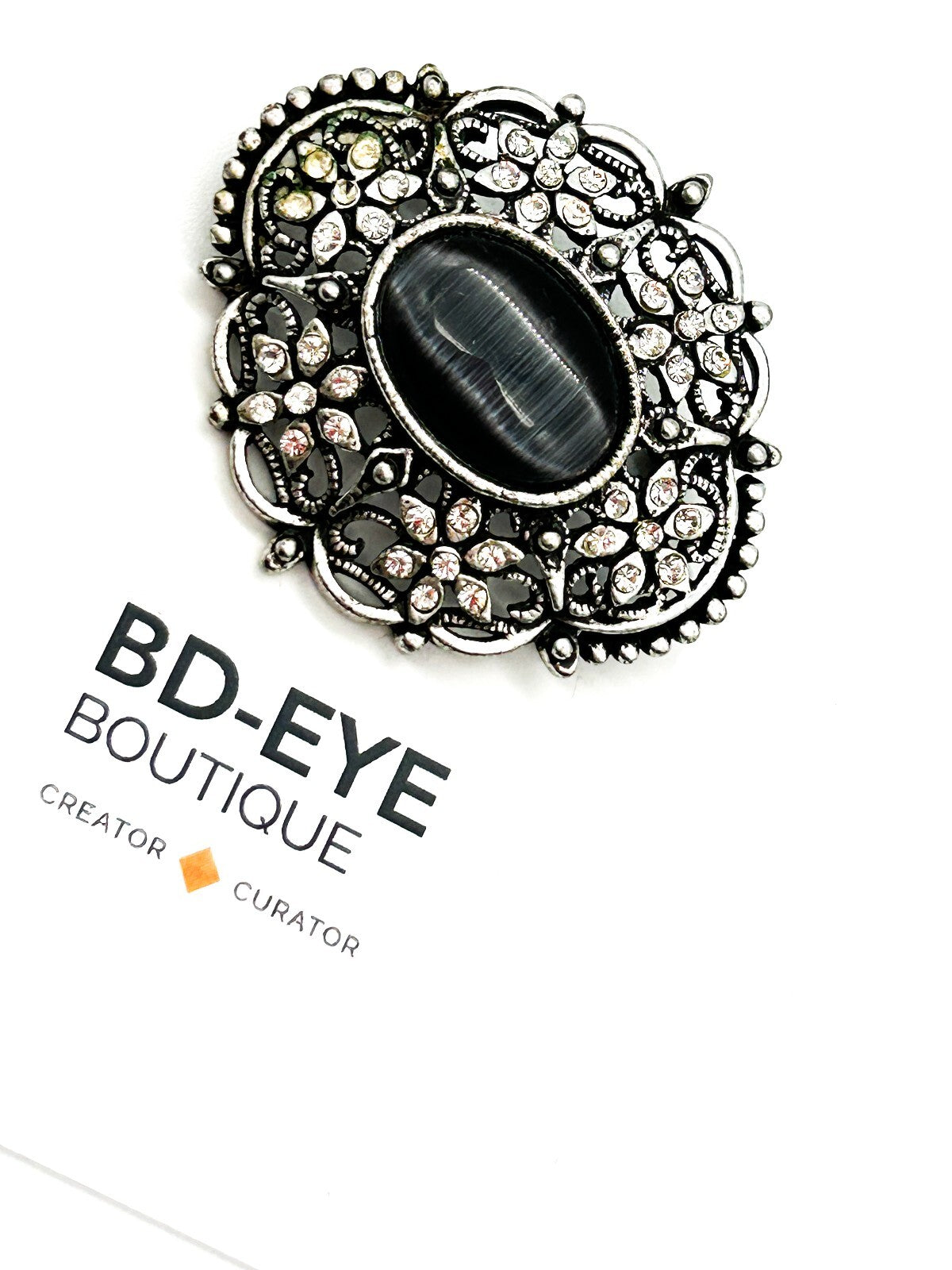 Vintage Style Ornate Cat’s Eye Brooch Grey Glass Cabochon Rhinestone Silver Tone