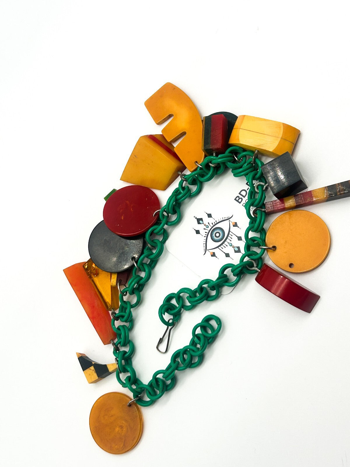 Vintage Bakelite Charm Necklace Attrib. Jan Carlin Celluloid Chain Statement