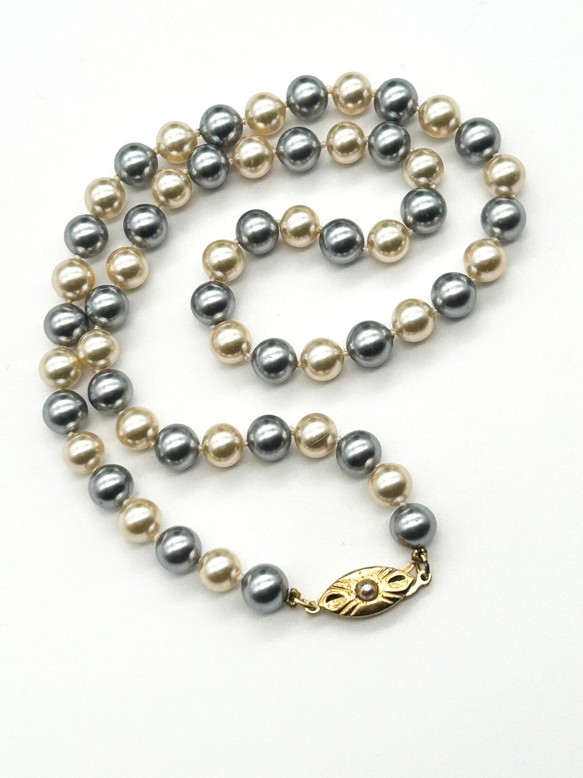 Vintage Grey Cream Glass Faux Pearl Necklace Hand Knotted Rhinestone Hook Clasp