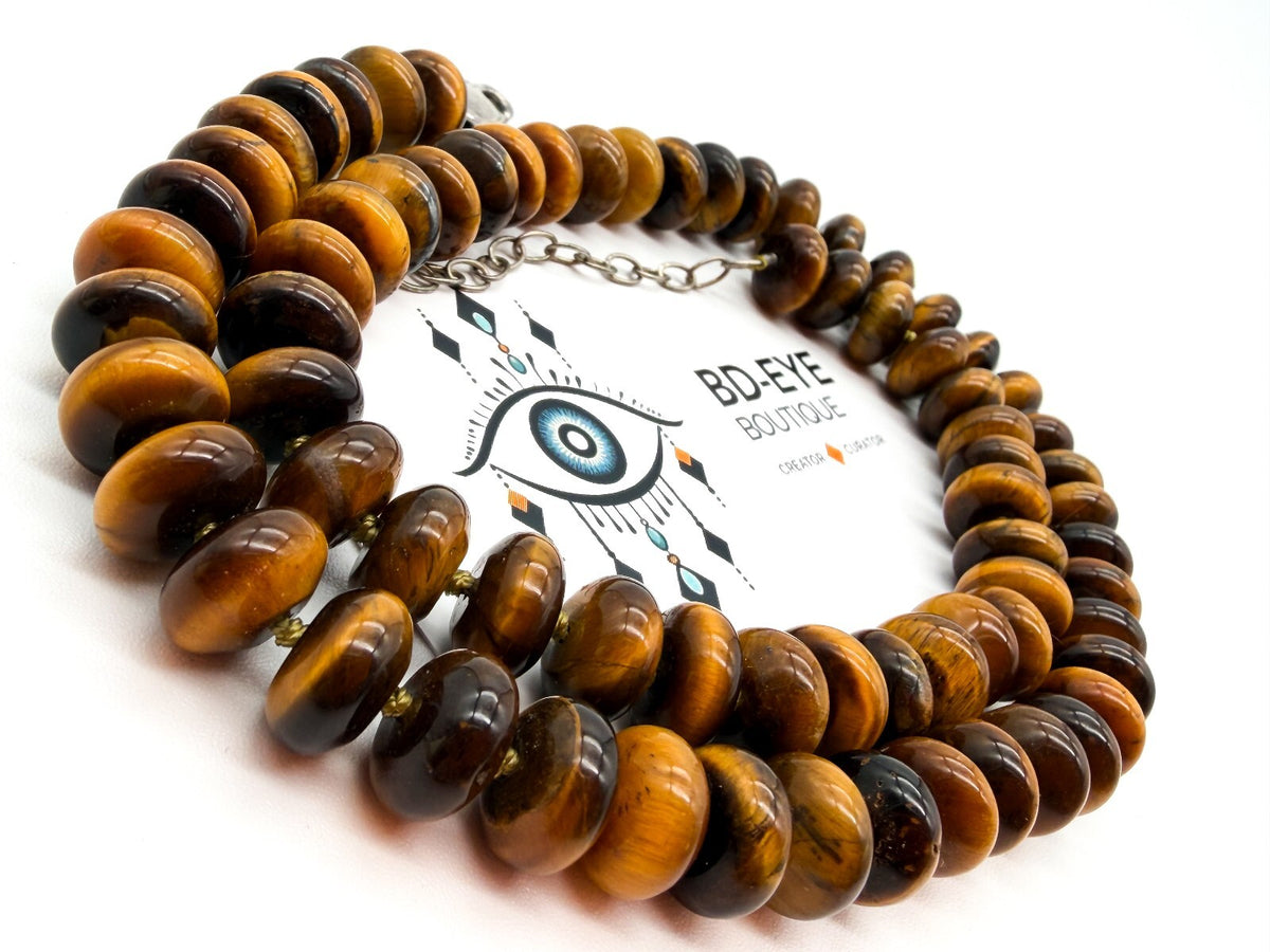 Tiger Eye Disc Bead Necklace Hand Knotted 925 Sterling Silver Clasp Boho 20" 66g