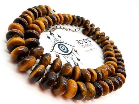 Tiger Eye Disc Bead Necklace Hand Knotted 925 Sterling Silver Clasp Boho 20" 66g