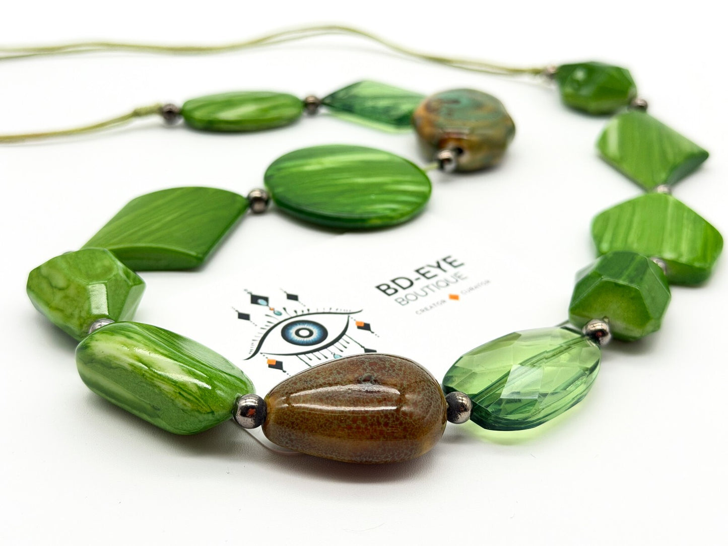 Chunky Lime Green Acrylic & Ceramic Statement Necklace Boho Cord Necklace