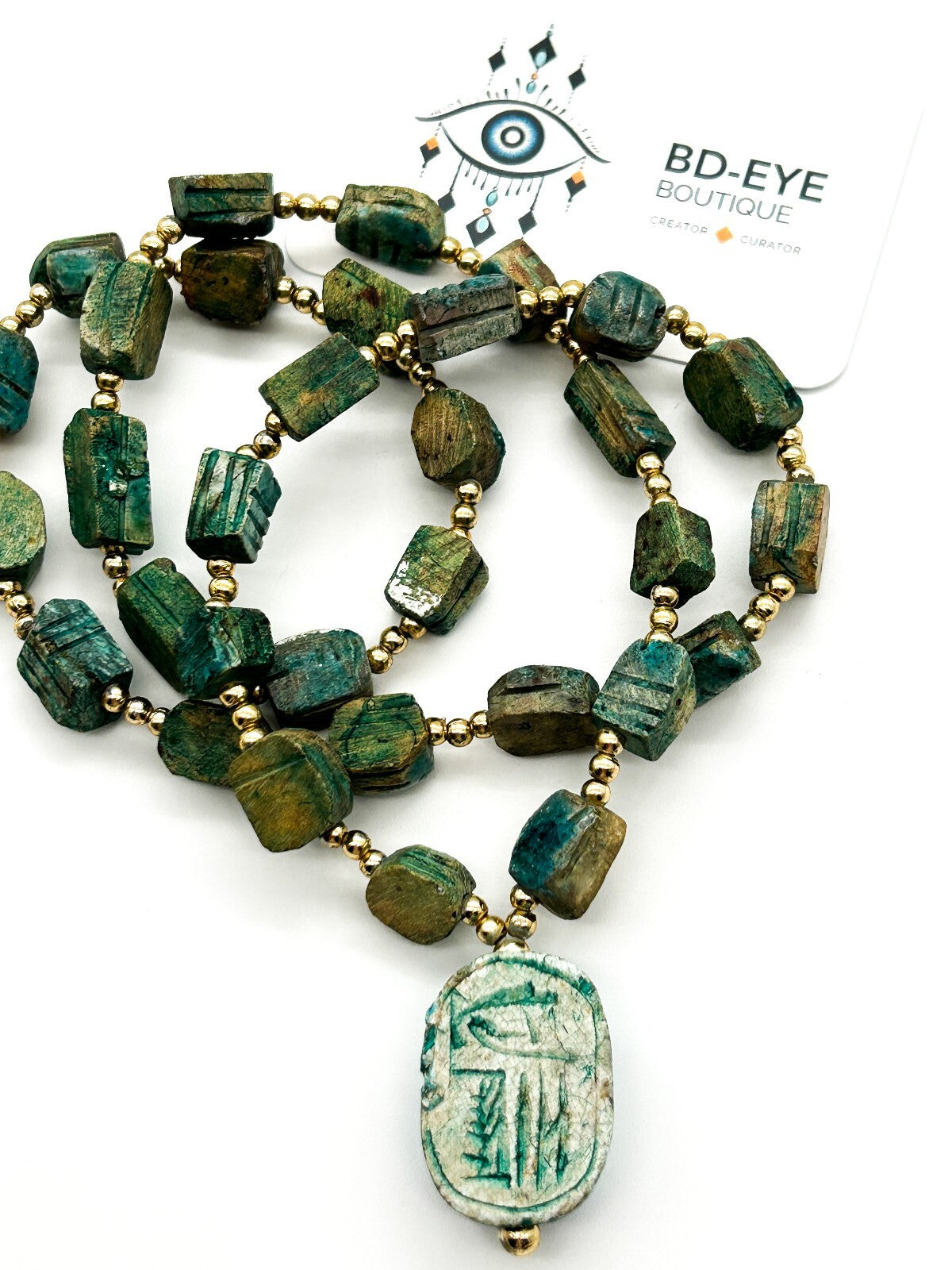 Vintage Egyptian Revival Scarab Necklace Blue Green Ceramic Beetle Pendant