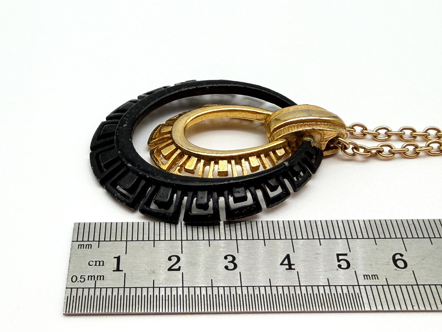 Vintage Black Gold Tone Greek Key Statement Necklace Oval Pendant 17” Geometric