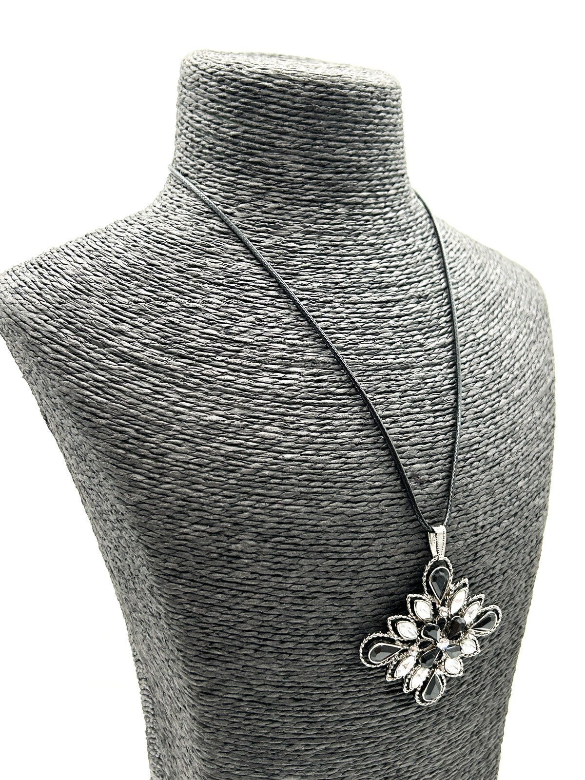 Gothic Black Clear Rhinestone Flower Pendant Necklace Gunmetal Floral Statement