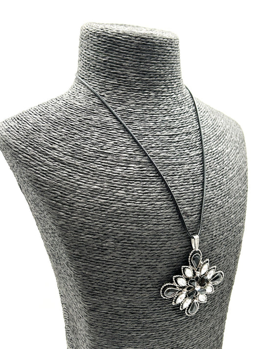 Gothic Black Clear Rhinestone Flower Pendant Necklace Gunmetal Floral Statement