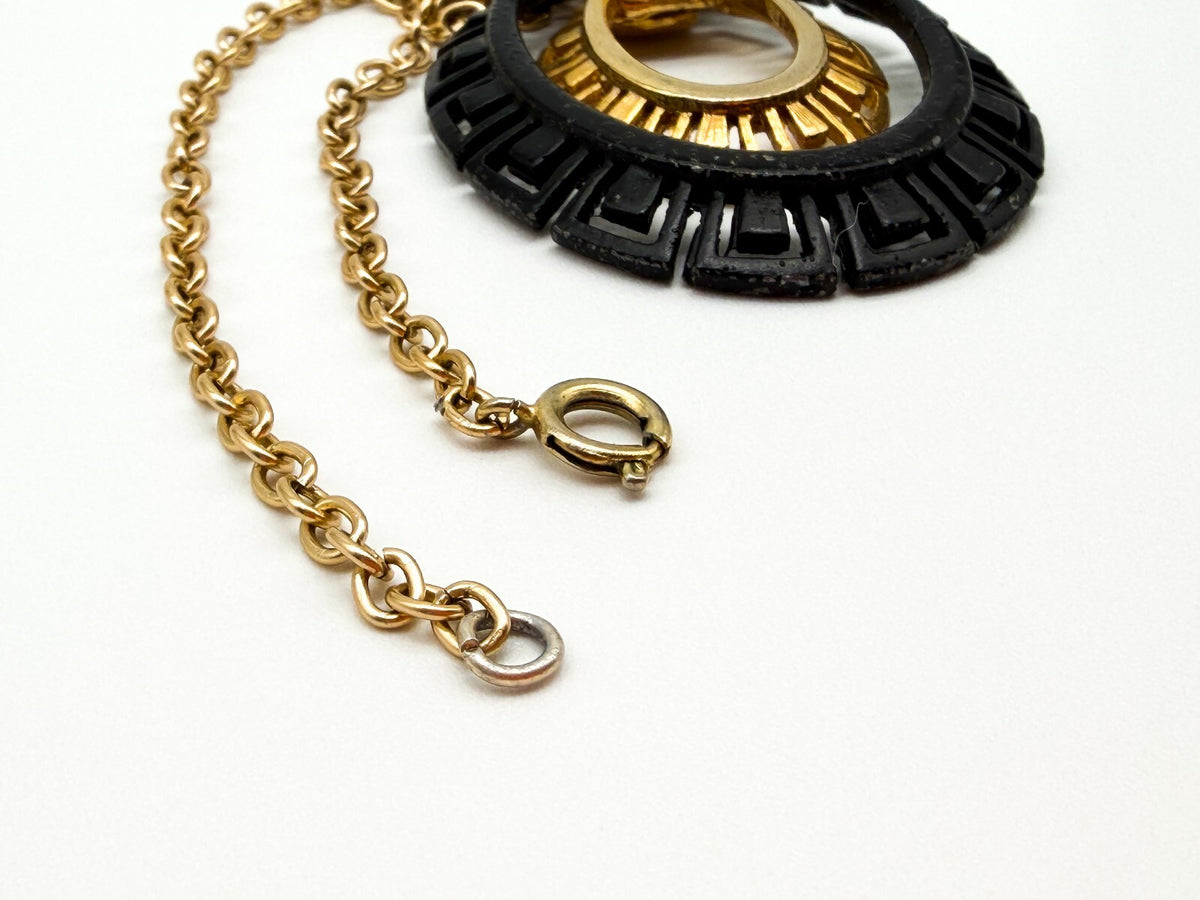 Vintage Black Gold Tone Greek Key Statement Necklace Oval Pendant 17” Geometric