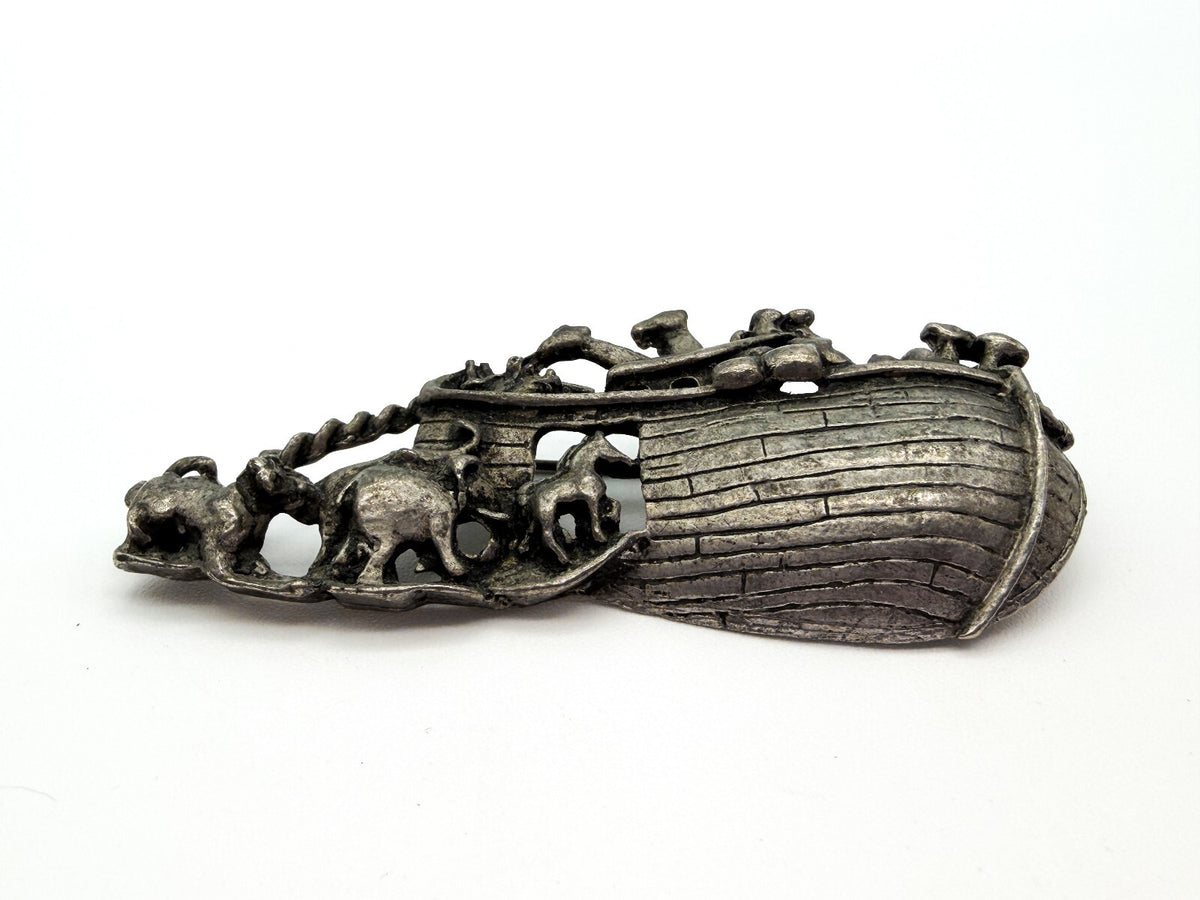 Vintage Pewter Noah’s Ark Brooch Animal Biblical Religious Pin 7cm