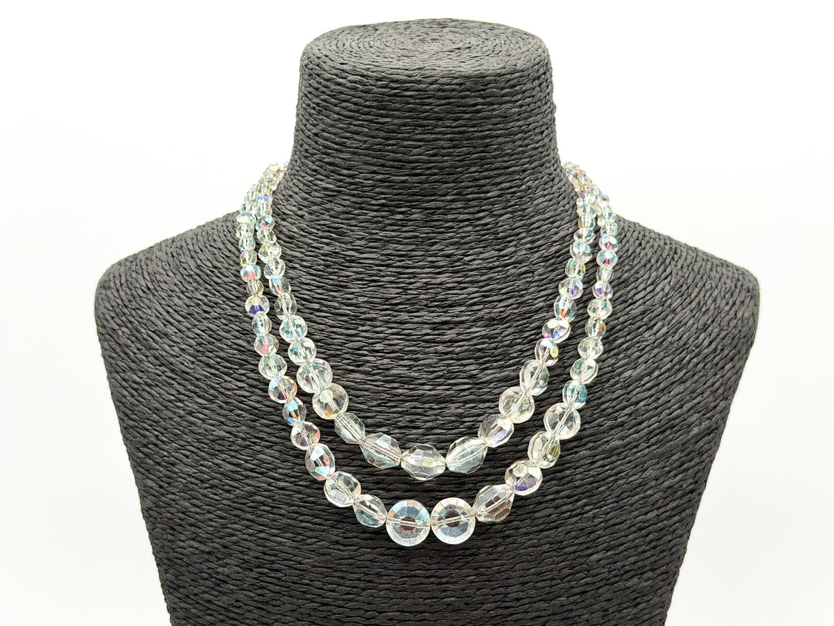 Vintage Aurora Borealis Crystal Glass Double Strand Necklace Rhinestone Clasp