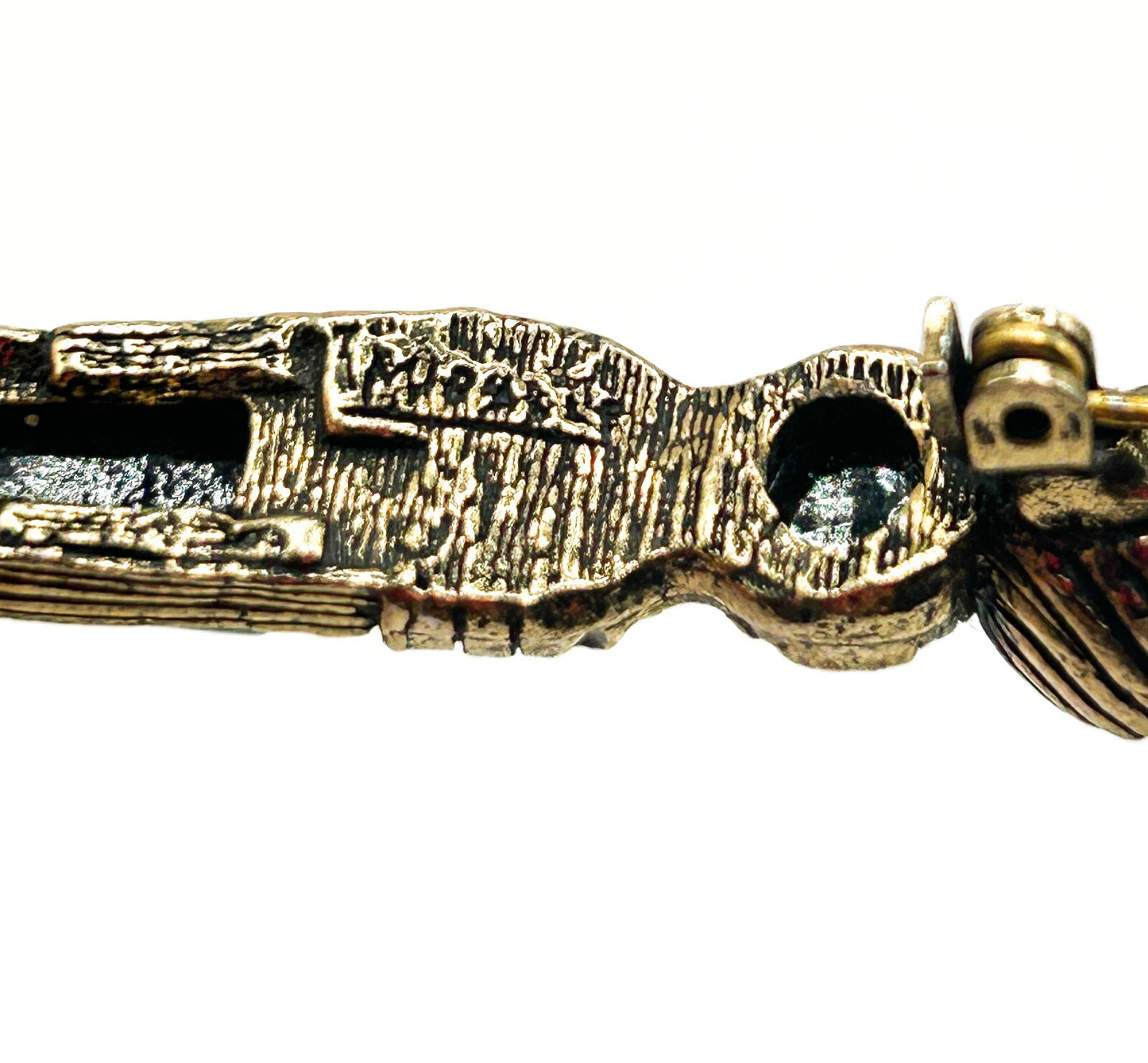 Vintage Miracle Black Glass Kilt Pin Brooch Antiqued Gold Tone Signed