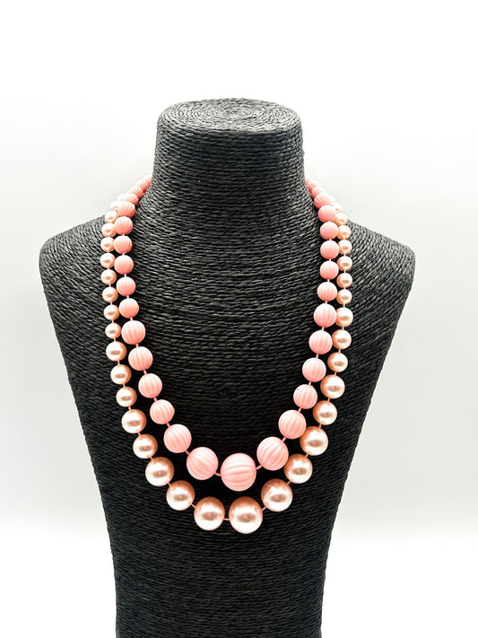 Vintage Pink Necklace Bundle Pastel Baby Pink Faux Pearl & Ribbed Acrylic Beads
