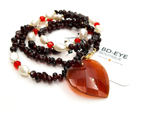 Long Garnet Necklace Freshwater Pearls Carnelian Heart Pendant Gemstone