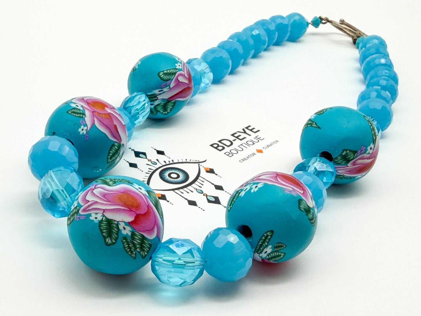 Blue Floral Statement Necklace Polymer Clay Rose Beads Faceted Glass Artisan