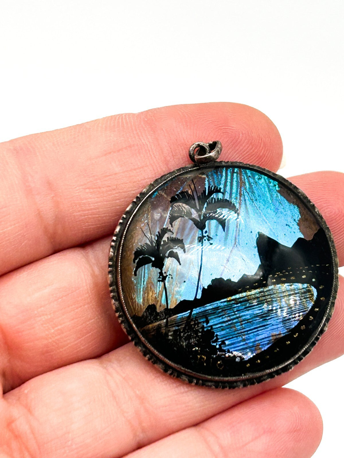 Vintage Art Deco A.W. Rio 920 Silver Morpho Butterfly Wing Pendant Bubble Glass
