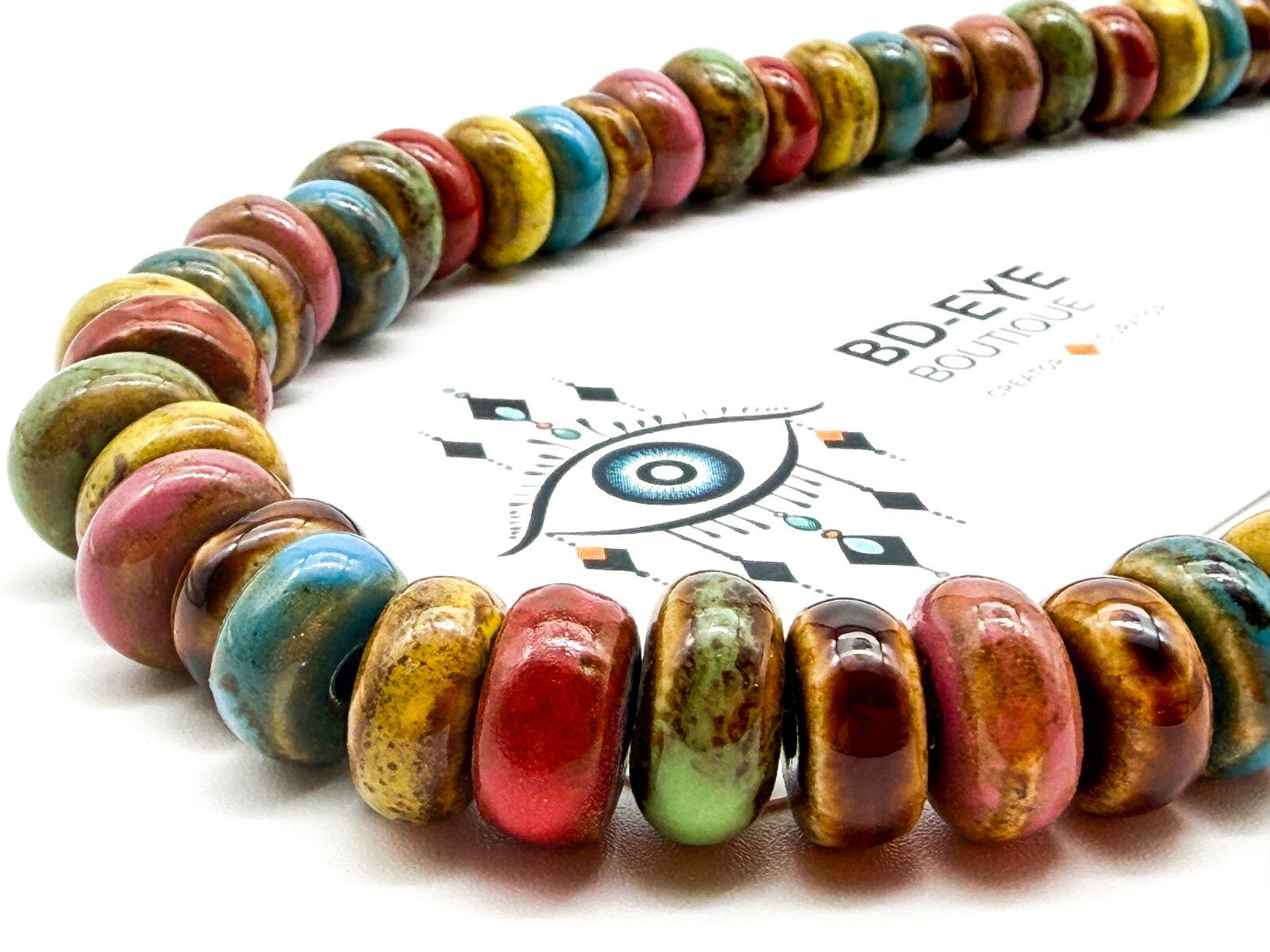 Multicolour Glazed Ceramic Disc Necklace Artisan Boho Statement Toggle Earthy