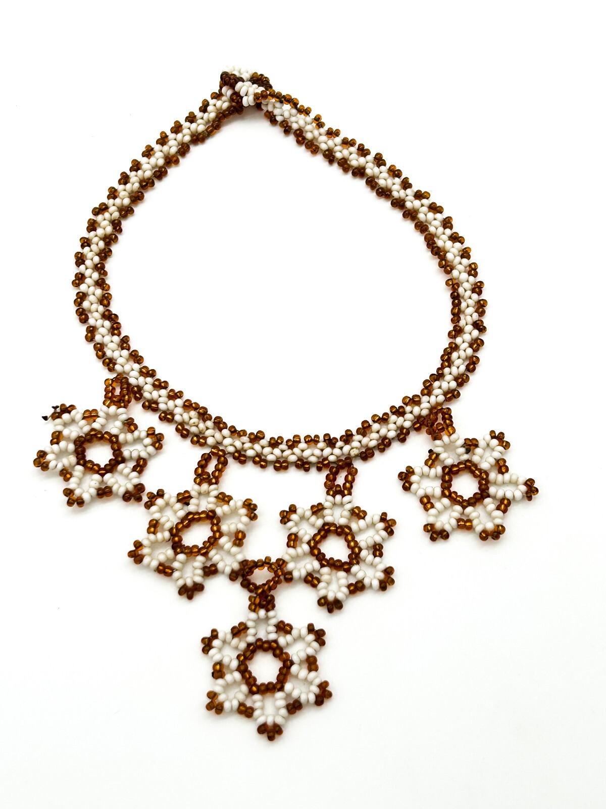 Vintage Handmade Artisan Flower Glass Bead Floral Bib Necklace Orange White