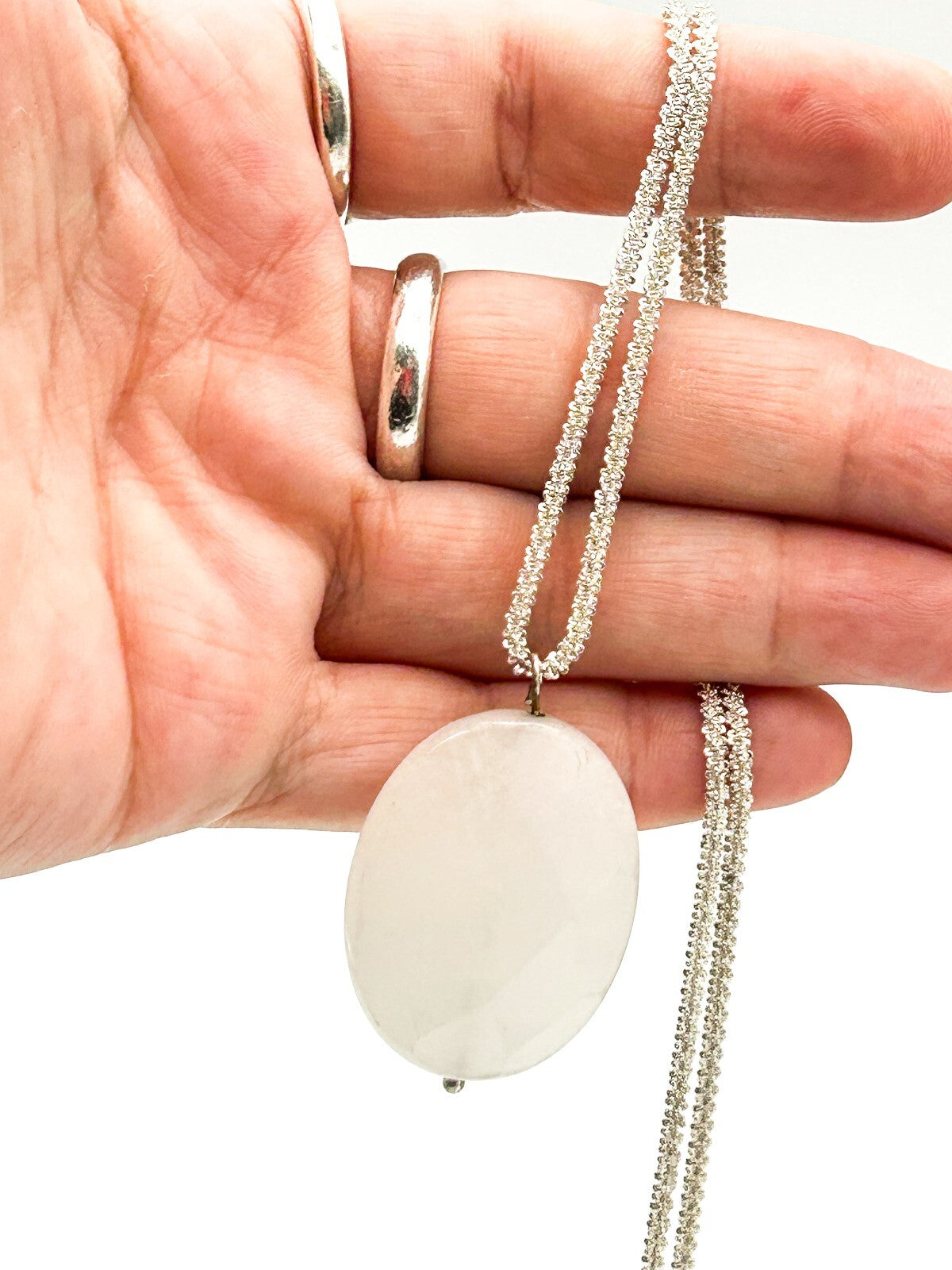 Natural White Jade Pendant Necklace Faceted Oval Gemstone 16.5” Silver Tone