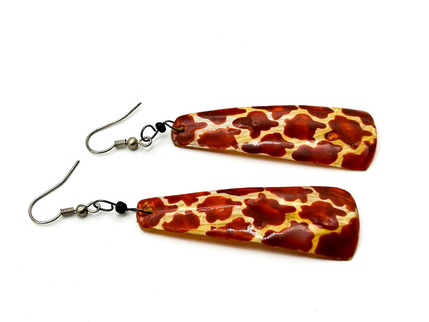 Vintage Hand Painted Organic Material Giraffe Print Drop Earrings Safari Boho