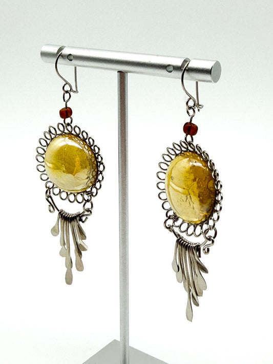 Peruvian Alpaca Necklace Earrings Set Yellow Glass Statement Boho Artisan