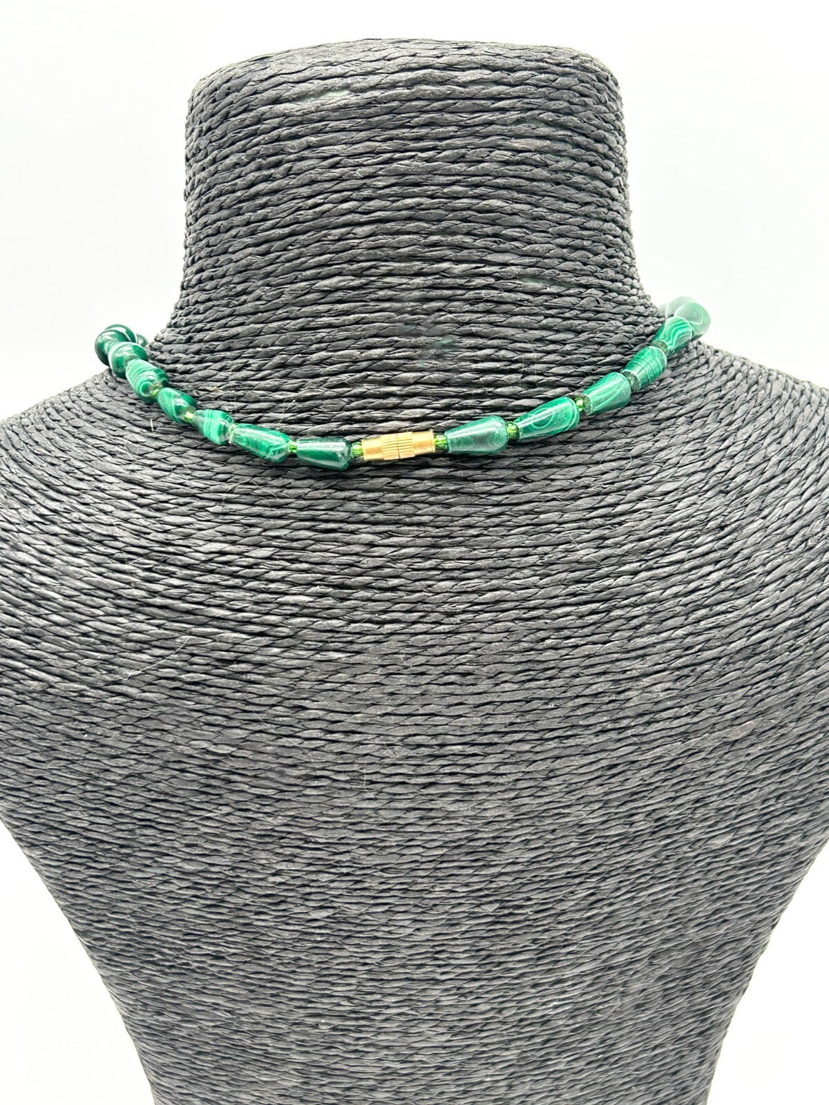 Vintage Genuine Malachite Bead Necklace Green Gemstone Cone Beads 15.5”