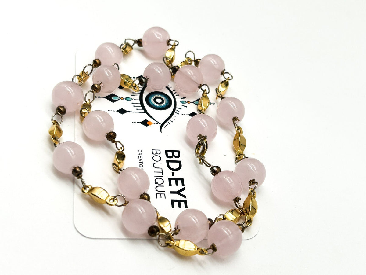 Vintage Pastel Pink Glass Bead Necklace Gold Tone Station Necklace 20”