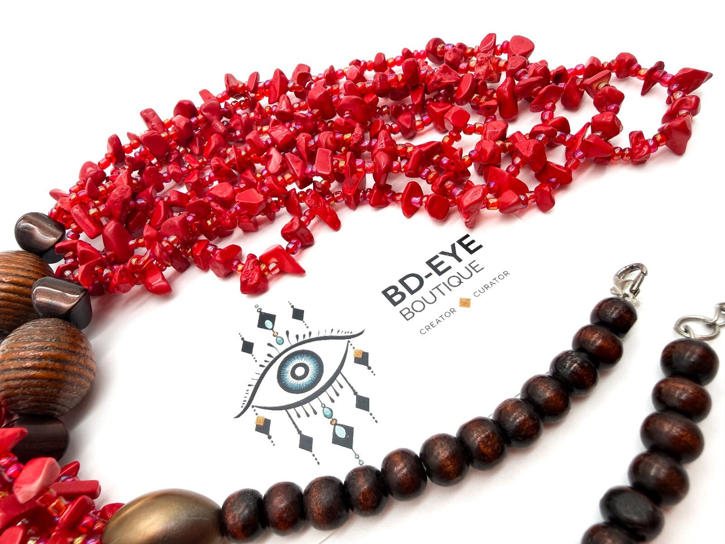 Red Coral Chip 5 Strand Necklace Wood Beads AB Glass Seed Beads 26” Statement