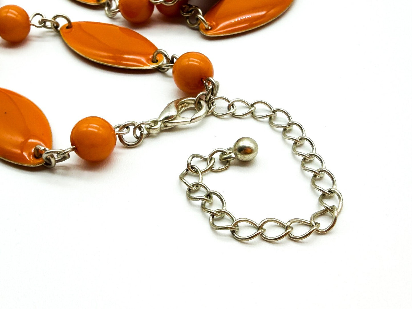 Retro Long Orange Acrylic Link Necklace Marquise Beads Silver Tone 31.5”