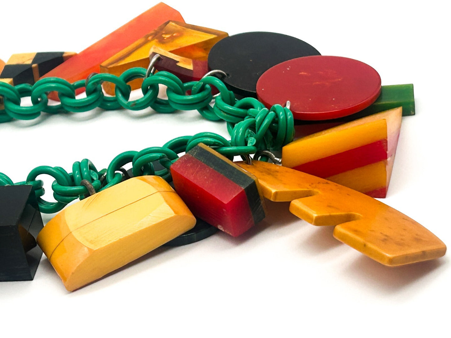 Vintage Bakelite Charm Necklace Attrib. Jan Carlin Celluloid Chain Statement