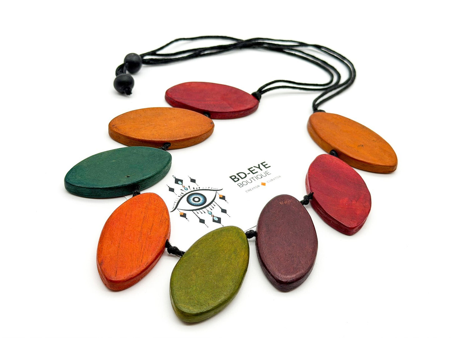 Chunky Wood Statement Necklace Boho Dyed Oval Beads Adjustable Green Orange Red